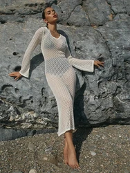 Vestido de playa de punto blanco para mujer, ropa de playa Sexy calada de ganchillo, ceĂąido al cuerpo, pareo de Bikini de verano 2024