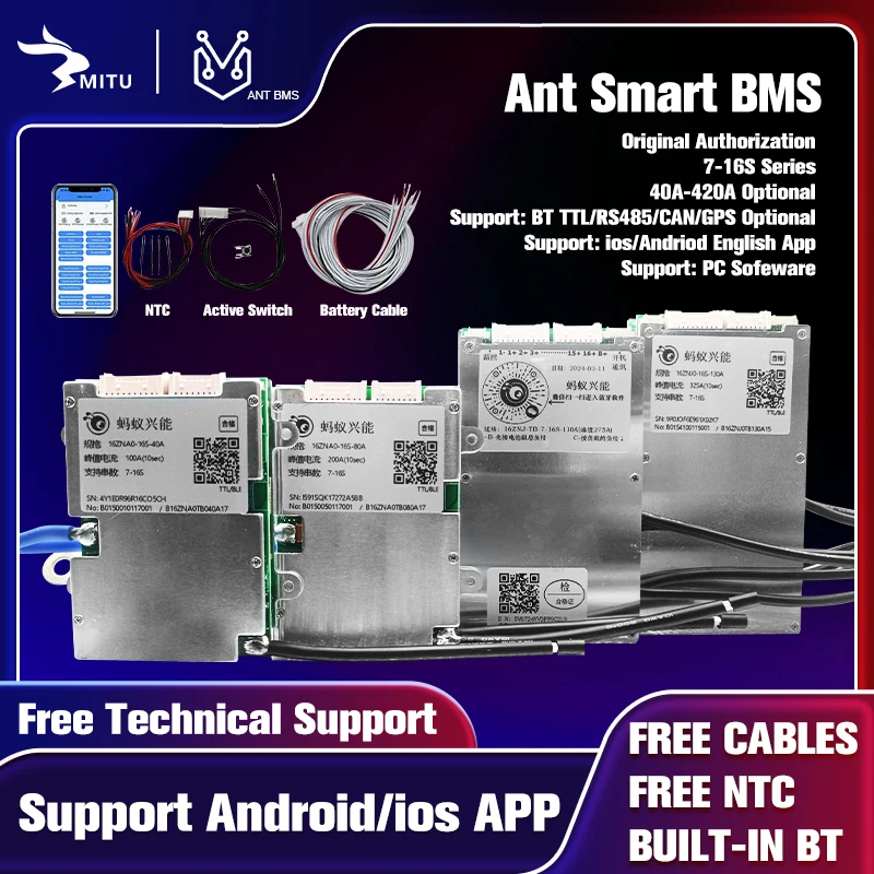 Smart ANT Bms LCD Display 7S-16Ssmart bms 40A 80A 110A 130A 24V 36V 48V 60V 72V Lifepo4 li-ion LTO Bluetooth APP Balance