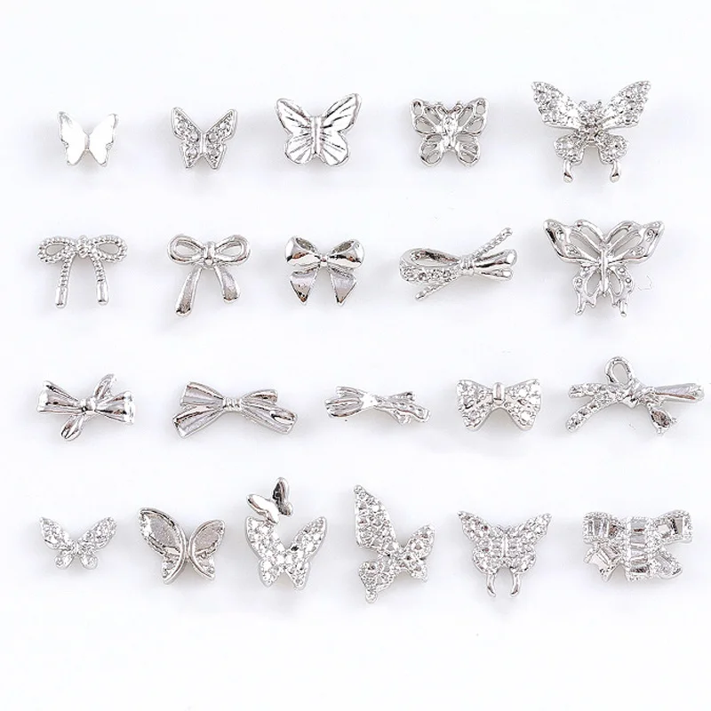 10 Pcs Silver Butterfly Nail Decoration Metal Bow Butterfly Wing Luxury Jewelry Nail Art Charm 3D Manicure Accessories Supplies