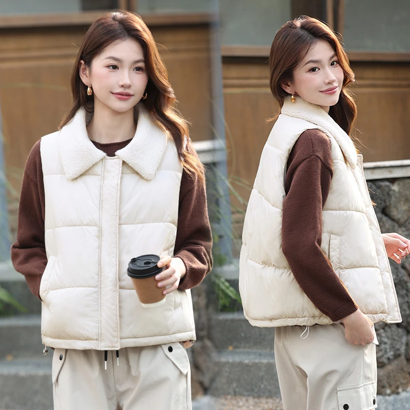 

Women's Fashion New 2025 Autumn Stand Collar Elegant Down Coats Warm Lamb Lapel Casual Sleeveless Winter Female Vests Jackets