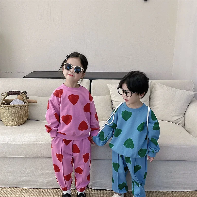 Sister-Brother Clothes 2023 Autumn Boys and Girls Korean Style Full Printed Love Sweatshirt and Sweatpants Siblings Costume Suit