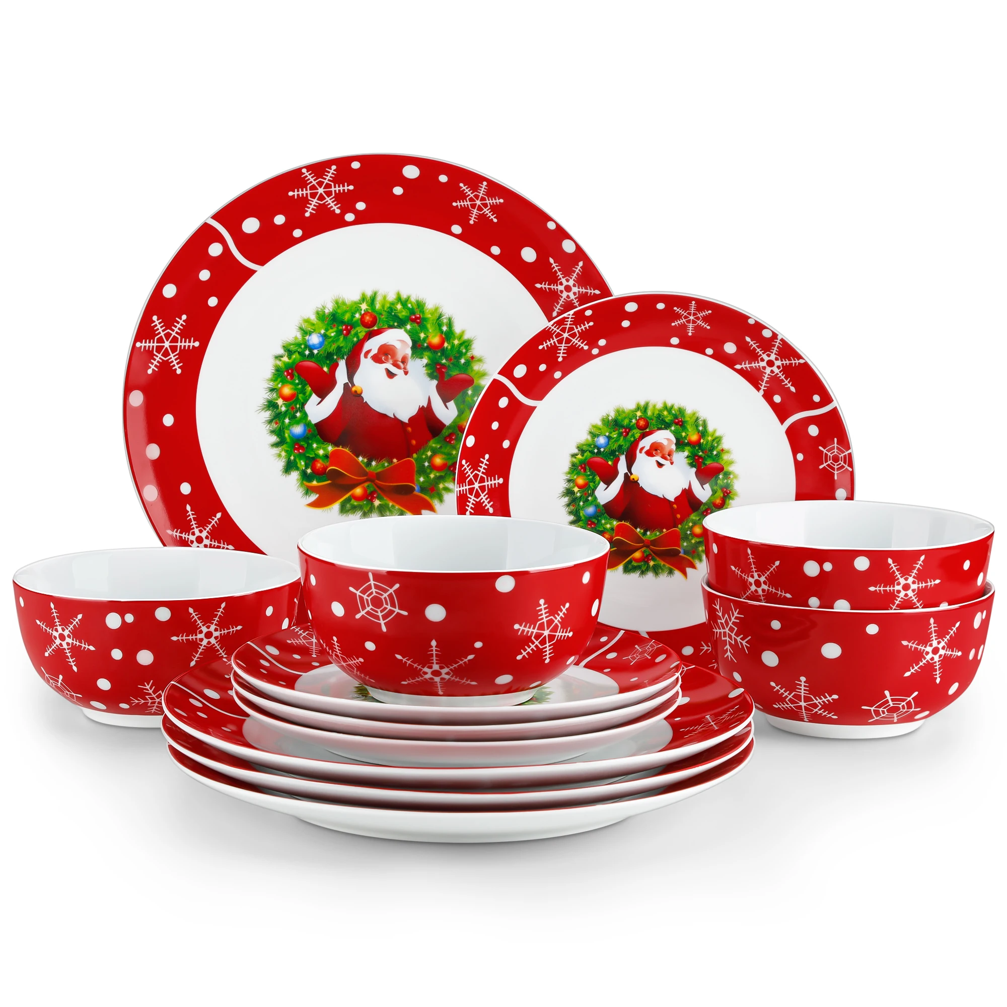 VEWEET 12/24 Piece  Ceramic Plate Set SantaClaus Style Christmas Tableware Ser with 4/8PCS Dinner Plate/Dessert/Bowl For 4/8