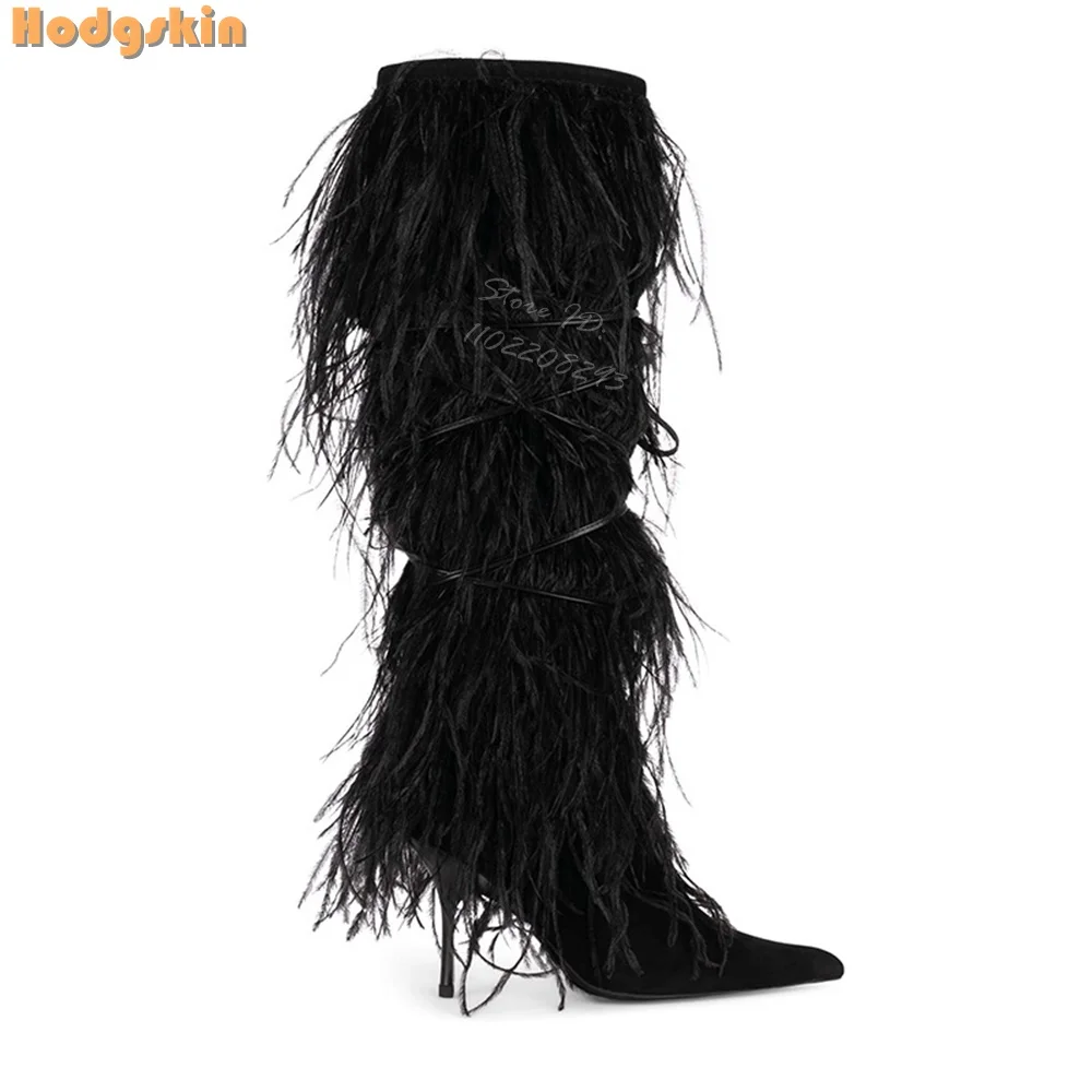 Feather Pointed Toe Stilettos Boots Solid Suede Knee-high Boots Fur Slip-on Thin Heels Catwalk Fashion Shoes Women's New 2025