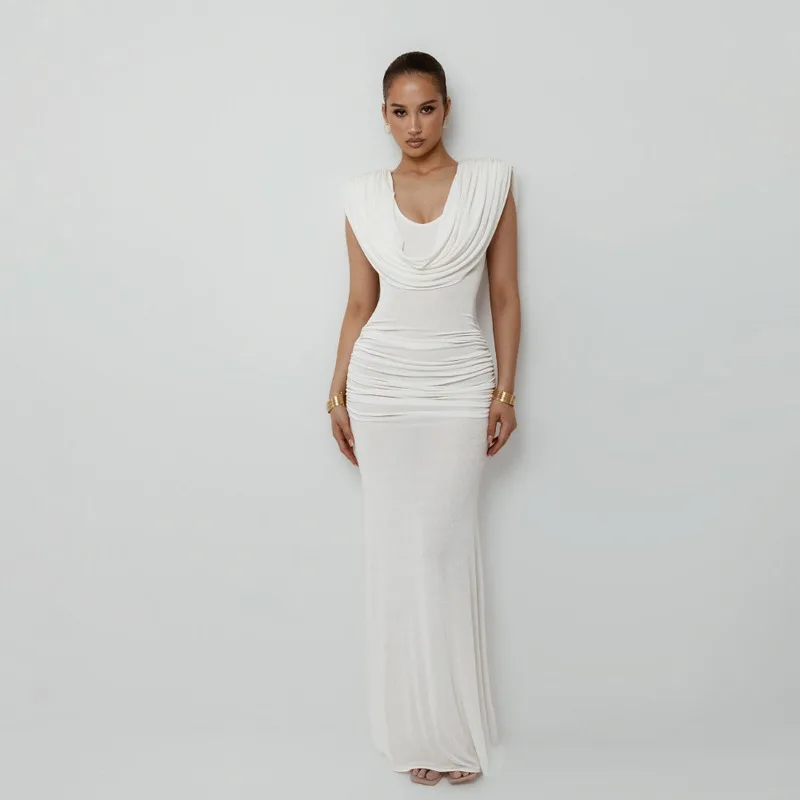 

Dress Women's Autumn Autumn Solid Colour Elegant Fitted Waist Pleated Swing Neckline Slim Fit Fashionable Versatile Distinctive