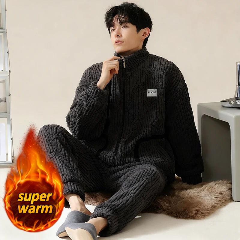 

Мужской темно-серый комплект домашней одежды из кораллового флиса, зимние теплые пижамные комплекты, японская мужская одежда для сна, уличное толстое пальто из кораллового флиса, брюки