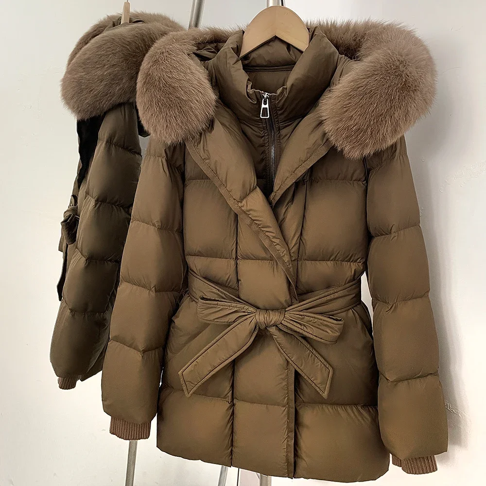 OFTBUY Damen-Winterjacke aus Entendaunen mit großem, natürlichem Fellkragen, Kapuze, Reißverschluss, Gürtel und tailliertem Schnitt, mit Fell für Damen – Detail 23
