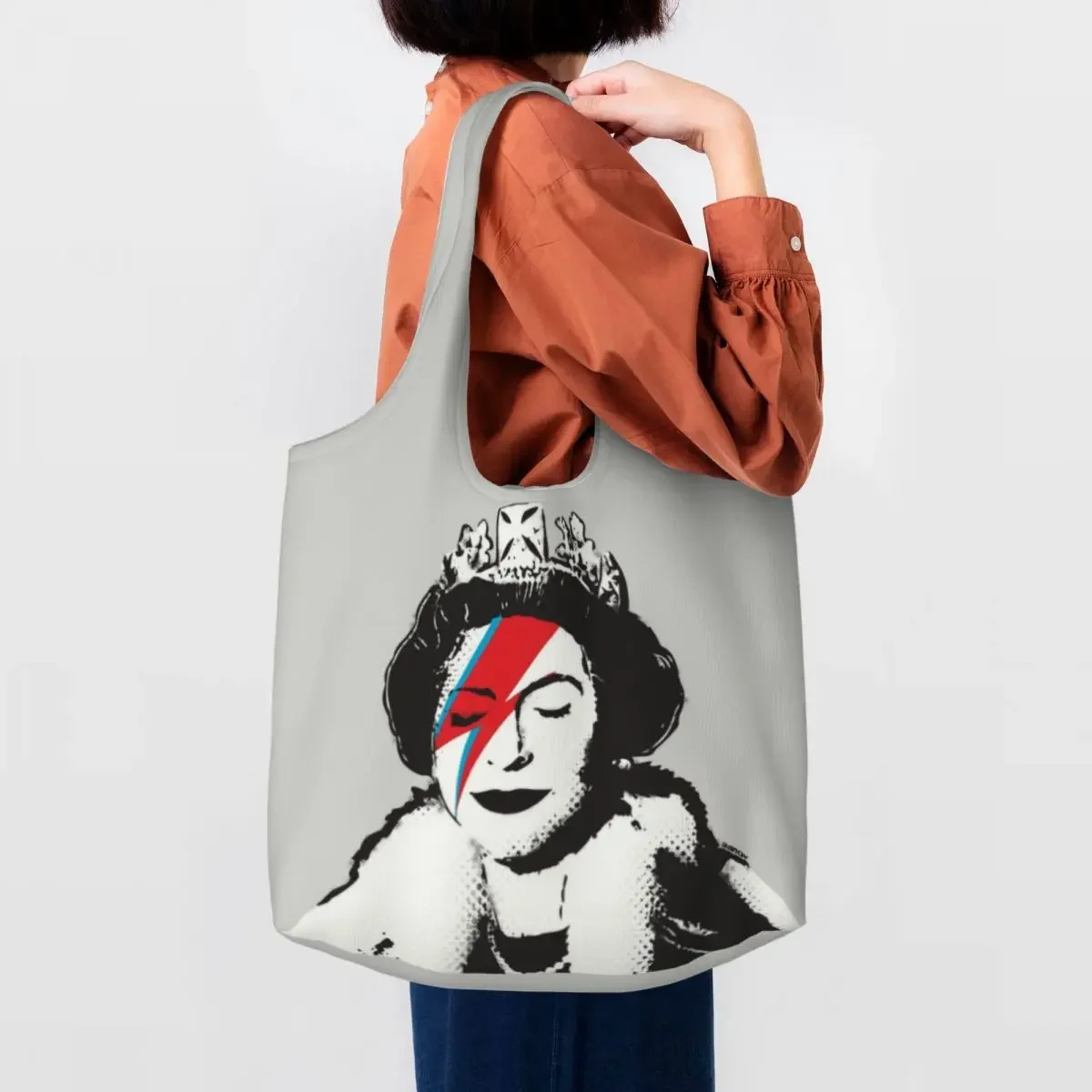 

Banksy UK Queen Elisabeth Rockband Face Makeup Tote Shopping Bags Portable Canvas Shoulder Shopper Street Art Graffiti Handbag