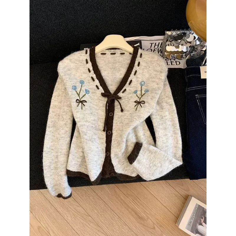 

Милый и западный стиль, вязаный кардиган с v-образным вырезом, свитер, женский новый осенний универсальный топ с ремешками контрастного цвета