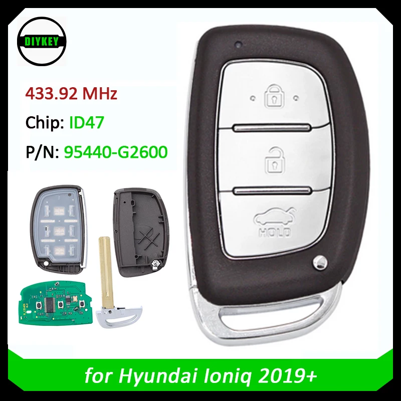 DIYKEY Smart Remote Car Key Fob 3 Buttons 433.92MHz FSK ID47 Chip for Hyundai Ioniq 2019+ P/N: 95440-G2600, 95440G2600