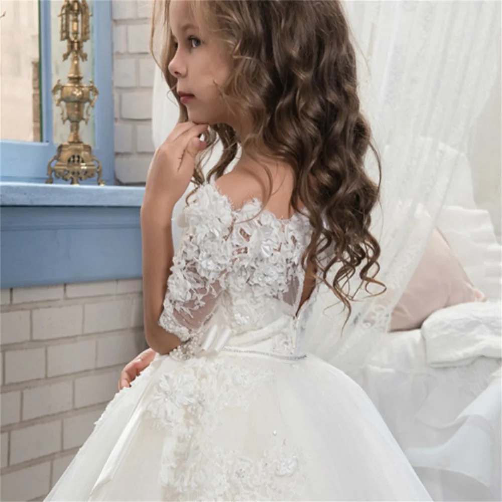 

NEW First Communion Dresses Half-sleeved Lace Printed Princess Dress White Angel Flower Girl Bridesmaid Wedding Dream Kids Gift