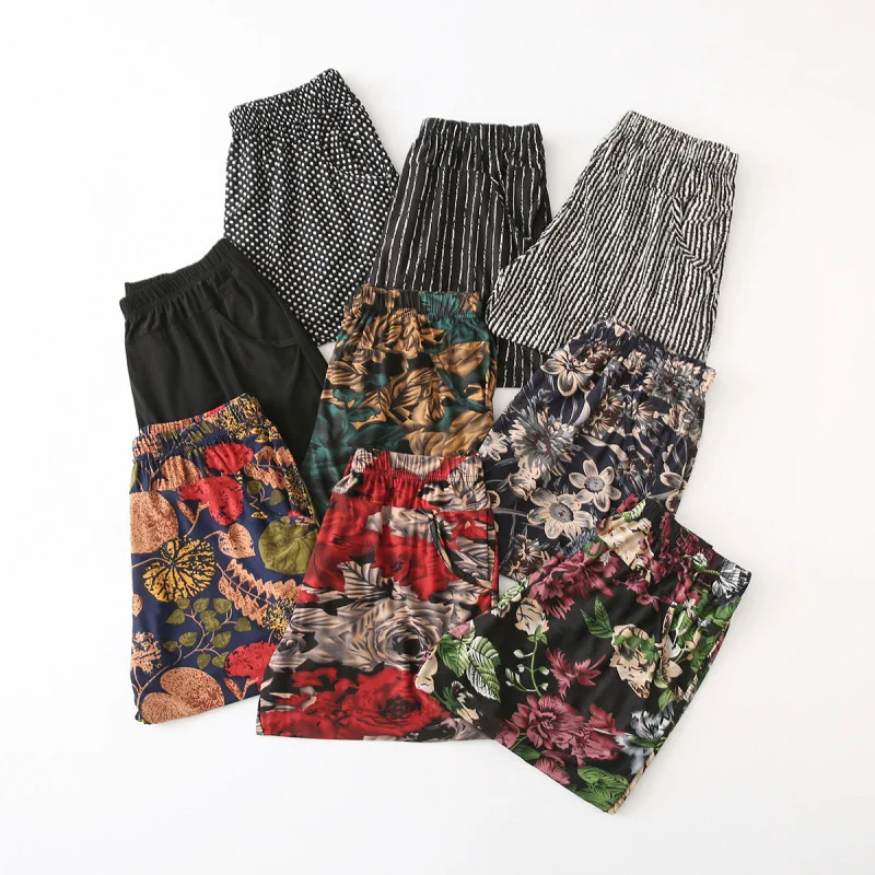 New Summer Women Harem Pants Casual High Waist Pants Printed Elastic Middle Aged Women Summer Ice Silk Cropped Trousers 9 colors