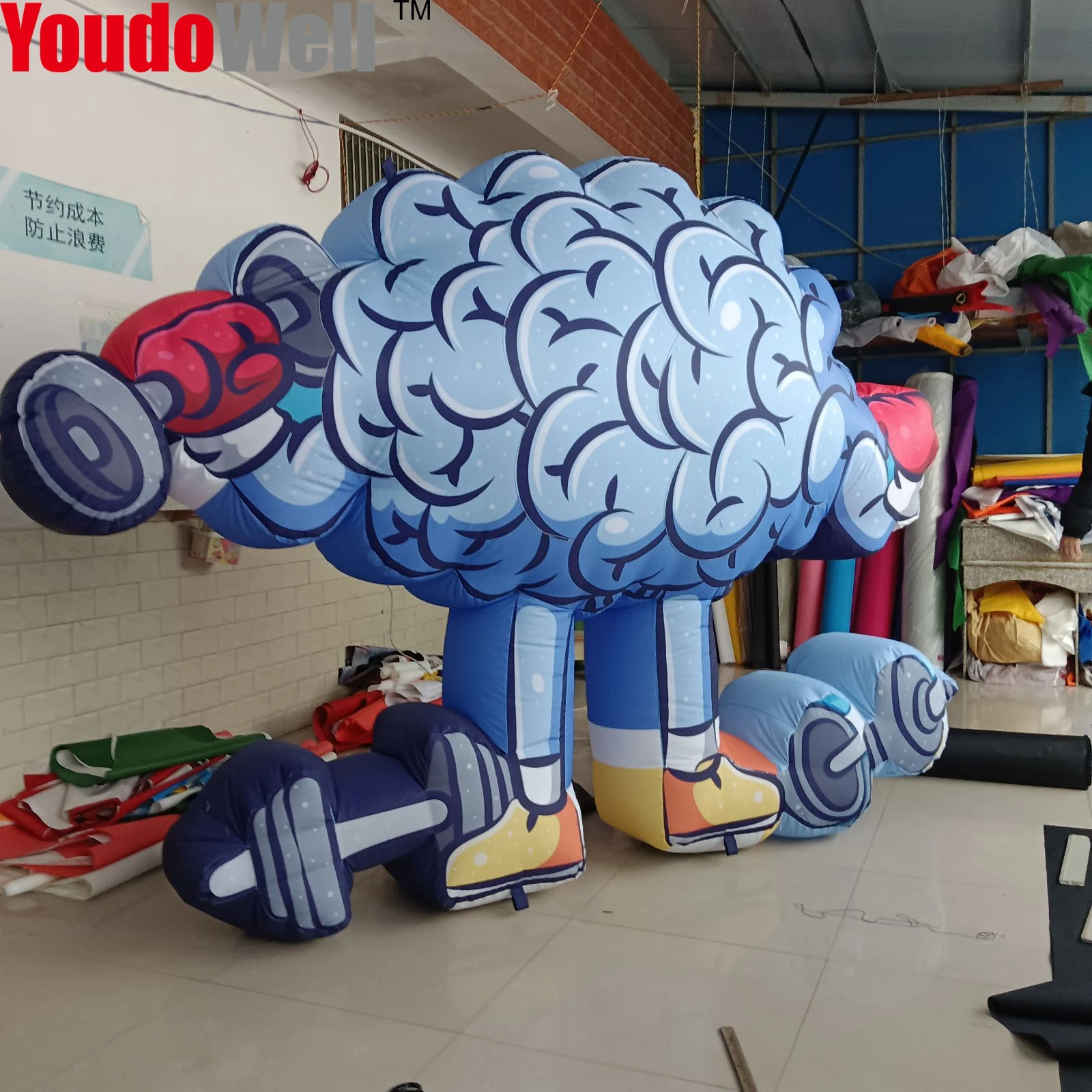 Cartoon of inflatable brain lifting dumbbells