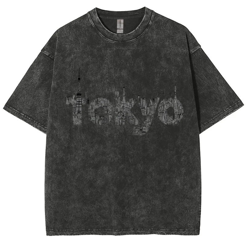 

Tokyo Monogram Print Women's T-Shirt Washed Denim Oversized Unisex Half Sleeve Fashion Design Teen Student Top Street Cool Tees