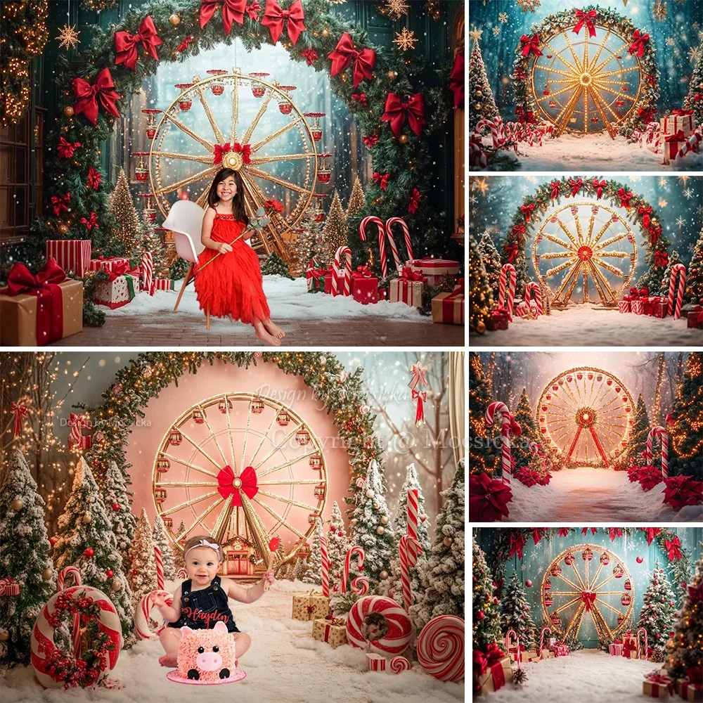 

Christmas Ferris Wheel Background for Winter Kid Photography Arch Xmas Wreath Gift Candy Cane Snowy Backdrop Baby Birthday Photo