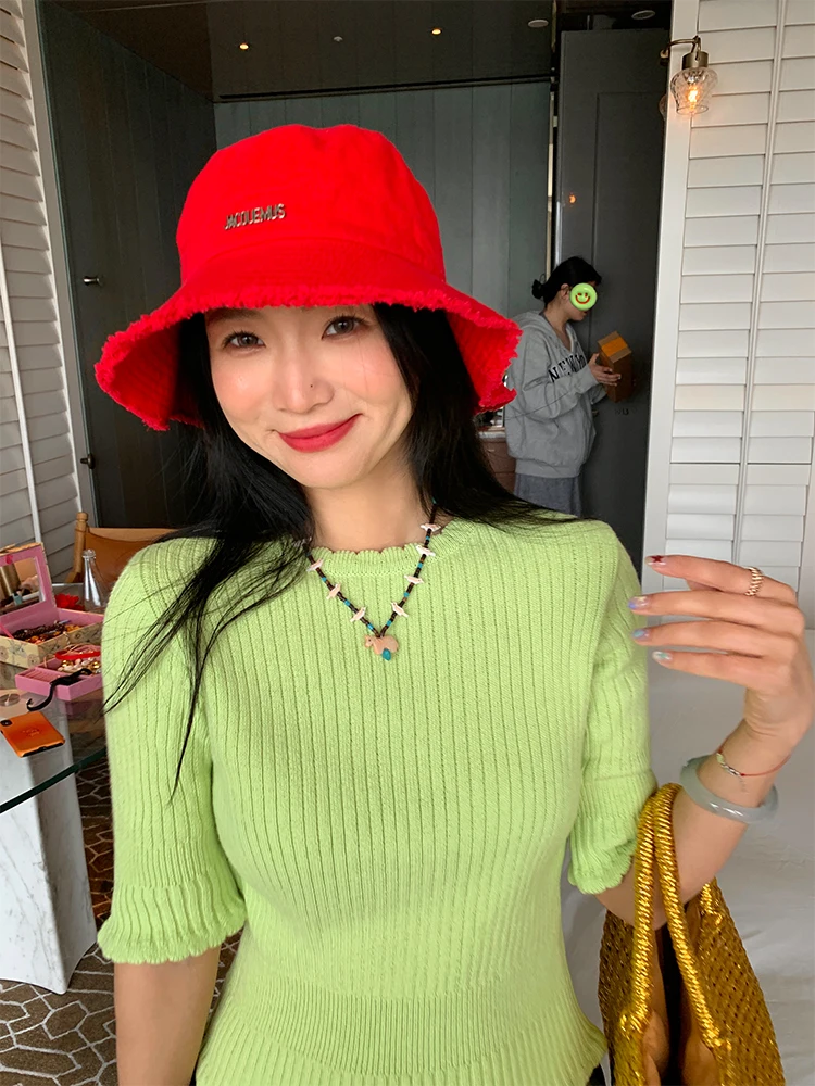 

Spring Green Knitted Sweater Women's Overhead Waist-Cinching Slim Fit Five-Quarter Sleeve Commute Style Korean Version