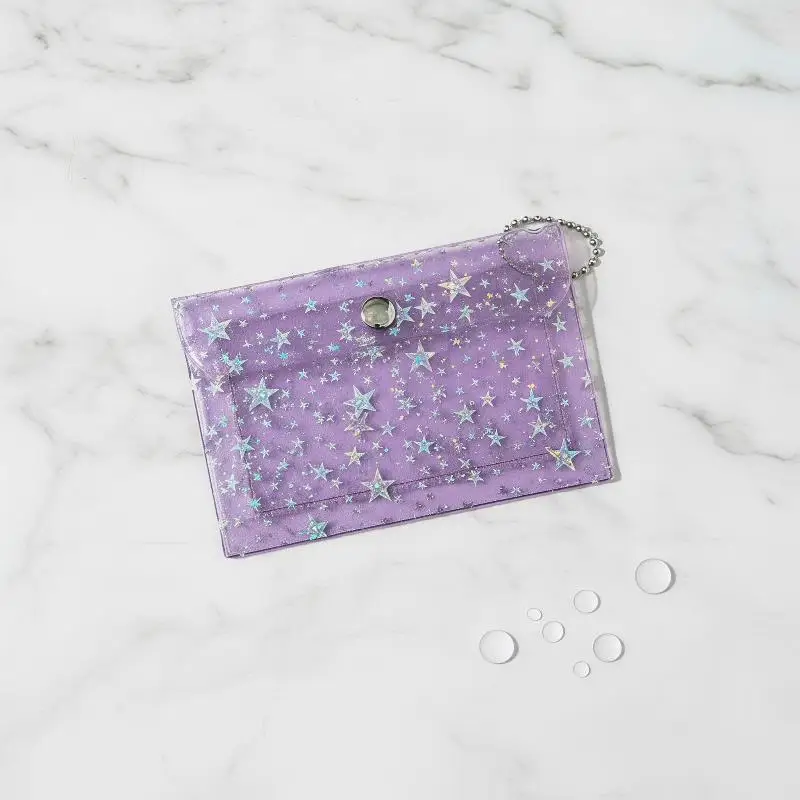 [J] 1Pcs Star Glitter Clear PVC Card Holder Mini Snap Coin Purse With Bead Chain Keyring For ID Card Daily Storage Gift