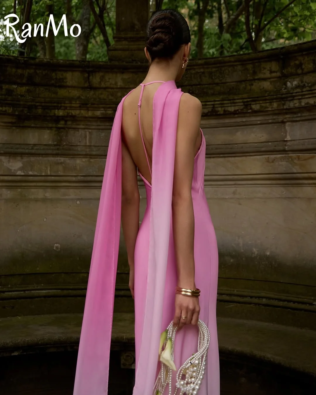 Ranmo 2025 ピンクミディイブニングドレススカーフサテンエレガントなセクシーな背中の開いたスパゲッティストラップミッドウエスト A ラインイブニングドレス Customied