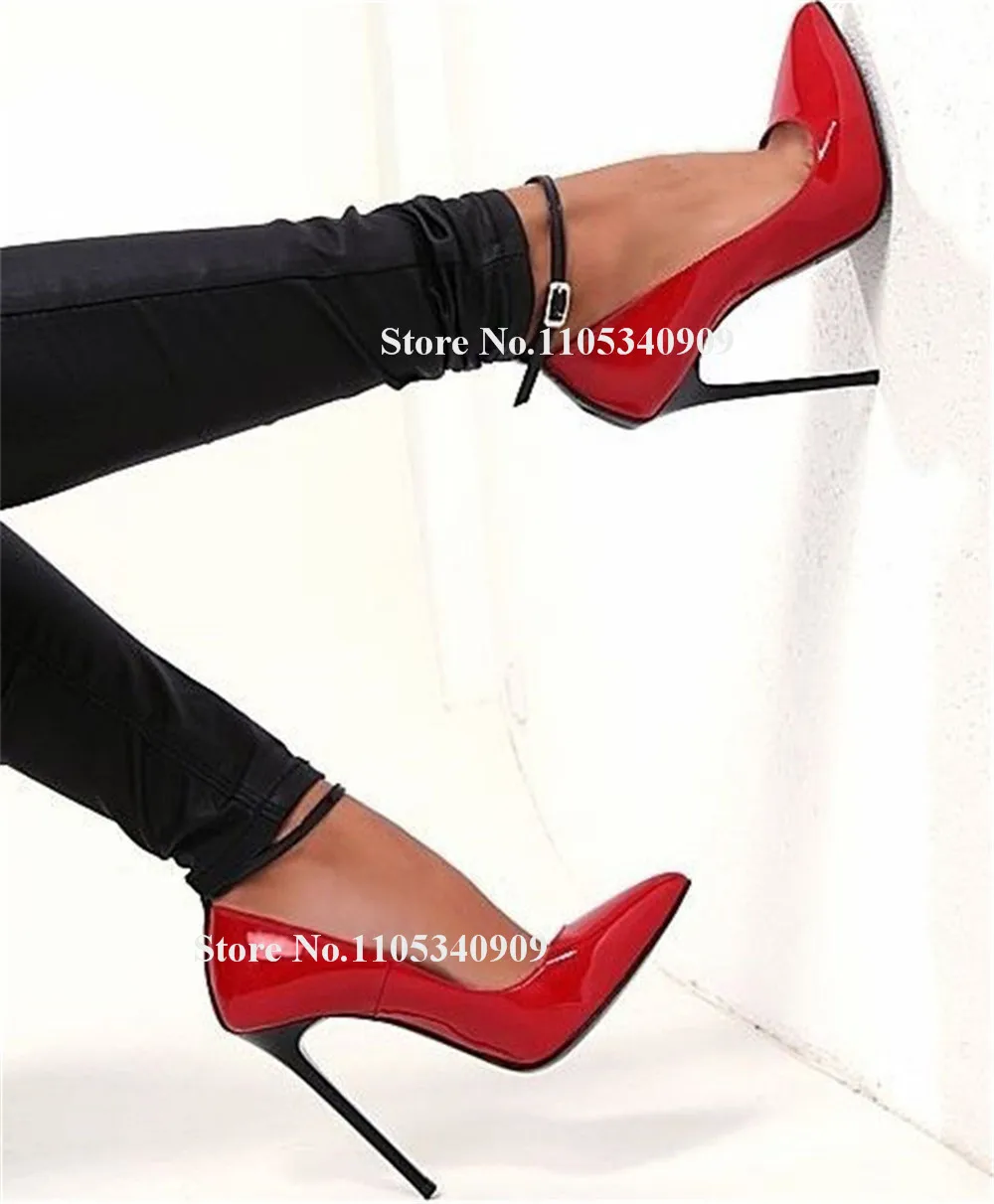 

Bondarenko Patchwork Stiletto Heel Dance Shoes Pointed Toe Ankle Straps Red Black Beige Patent Leather Thin Heel 12cm Party Pump