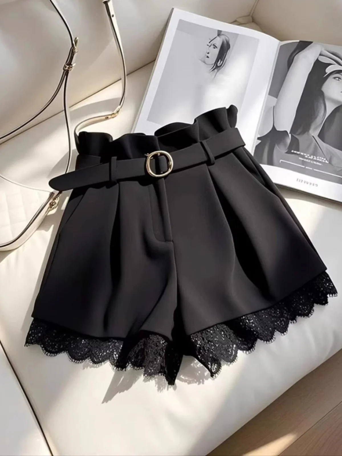 黒ハイウエストレースパッチワークスーツショーツ女性の春小さいサイズフィギュアショー痩身ホットガールカジュアルパンツワイドレッグ