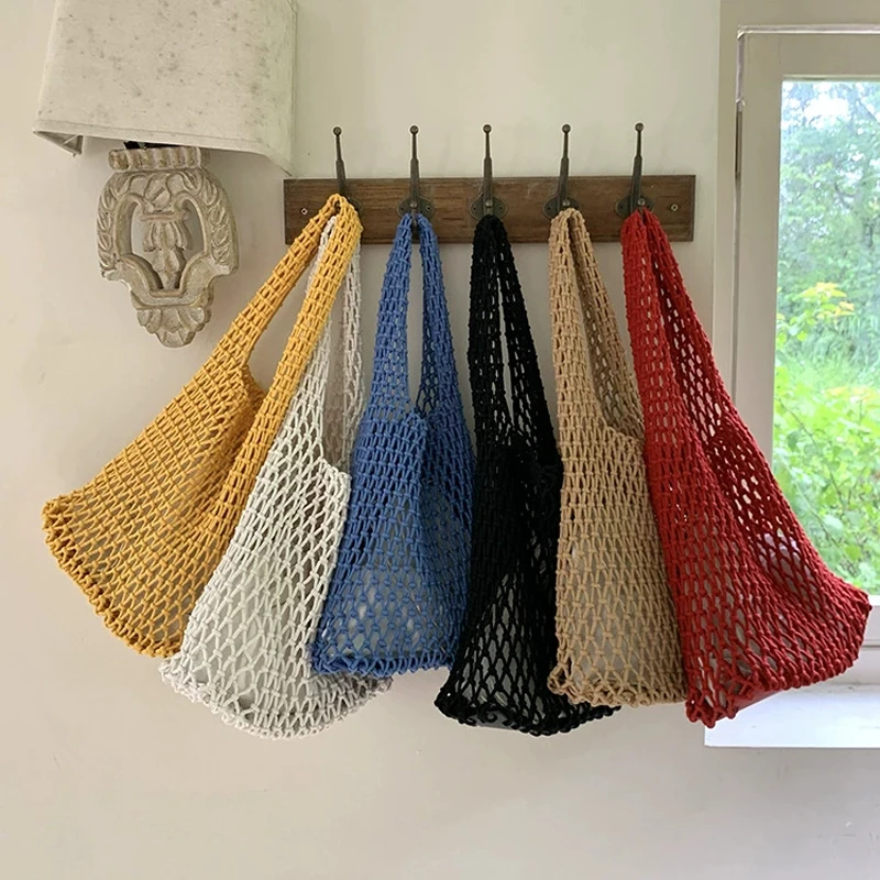 

Hylhexyr Fashion Cotton Rope Tote Bag Solid Color Woven Mesh Net Beach Bags Handmade Crochet Handbag With Inner Pocket