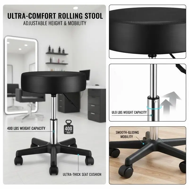 

Adjustable Swivel Chair 22.8-28.7 Inches For Salon Bar Office, 400 LBS Capacity Heavy Duty Base Extra Thick Foam Padding Seat Black 360 Degree Mobility Rolling Casters Metal Frame Construction