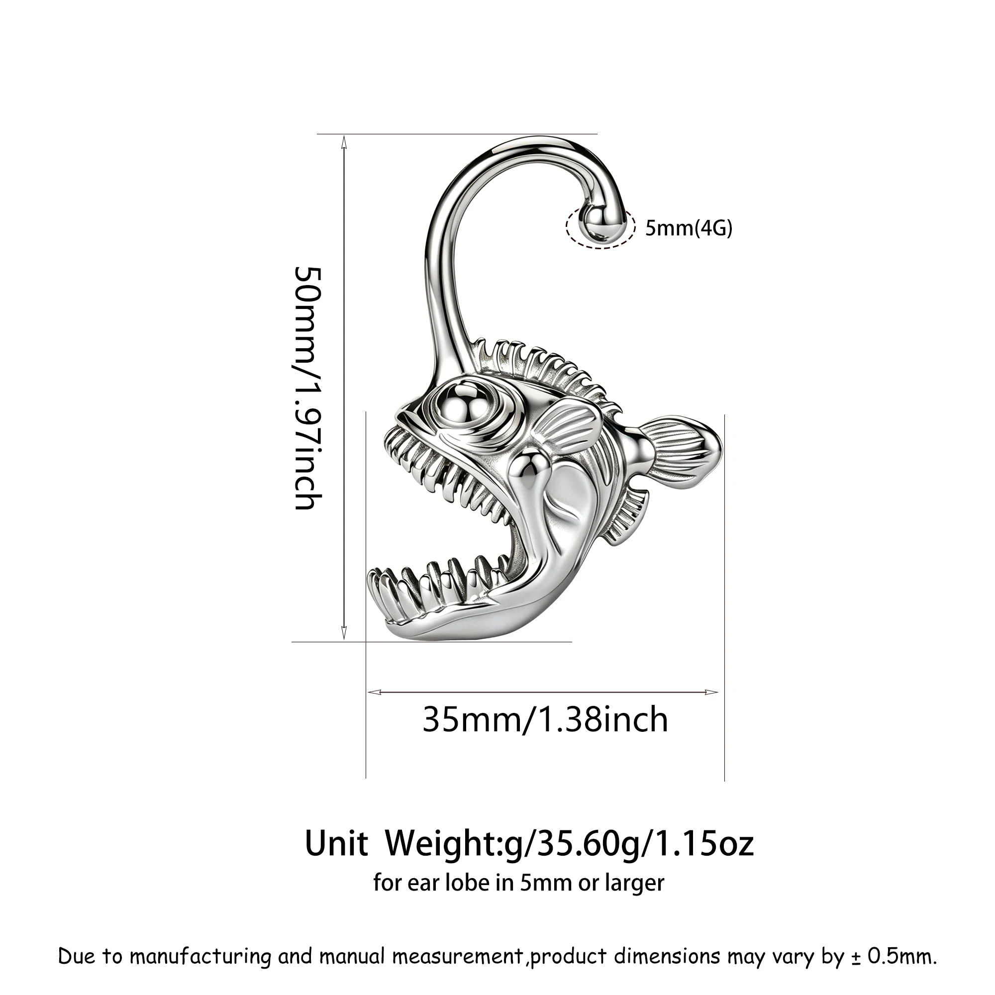 Vankula 2pcs Unique Punk Anglerfish Ear Hanger Weight Gauges, Stainless Steel Ear Plug Tunnels Expander Body Piercing Jewelry