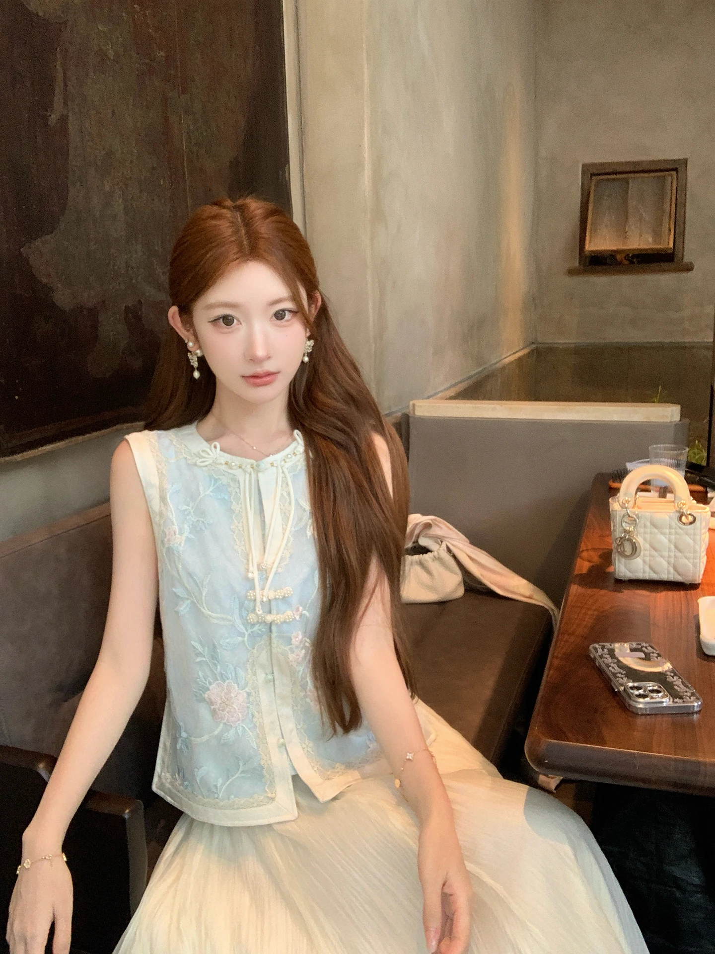 

New Chinese Sle Blue Embroidered Top And Skirt Set Summer Heavy Lace National Sle Women's Faion Set Long Sve round Ne