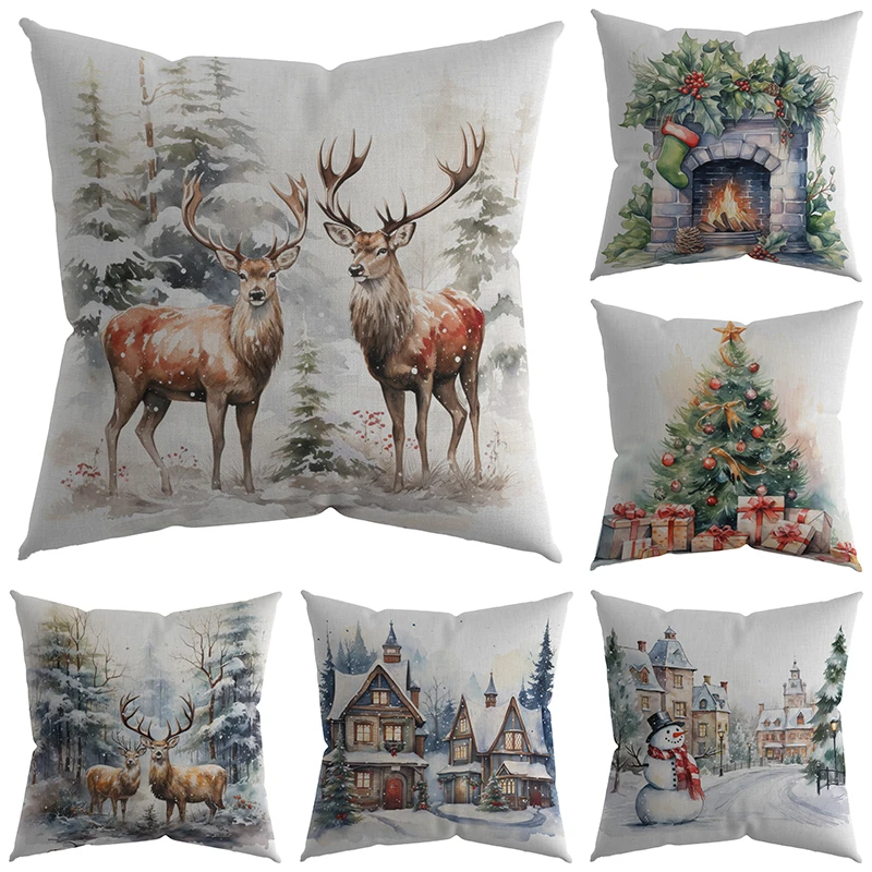 Christmas pillowcase watercolor elk snowman  tree fireplace printed  sofa cushion cover room home decoration