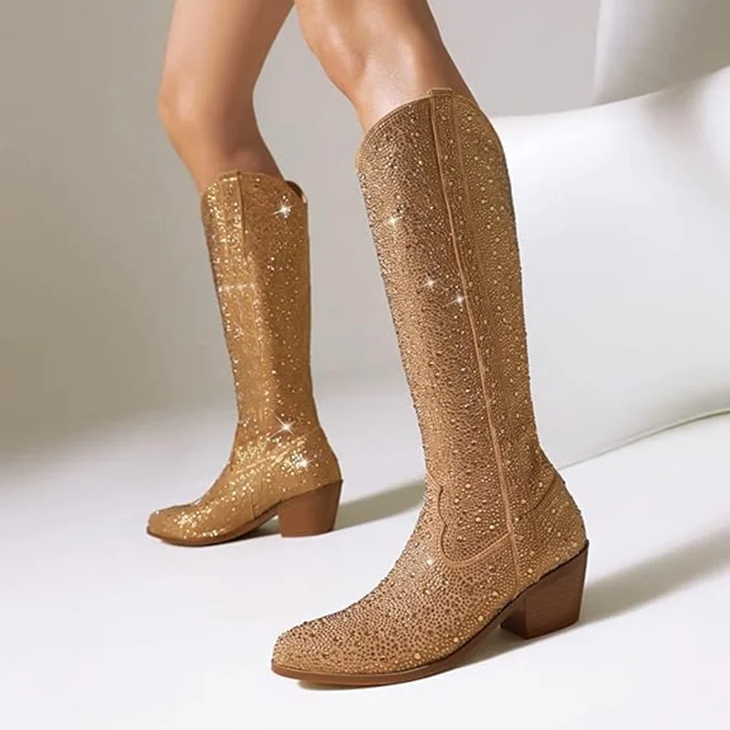 

Shiny Crystal Knee High Boots Sexy Pointed Toe Accept Customized Square Heel New Arrivals Fashion Women Modern Boots