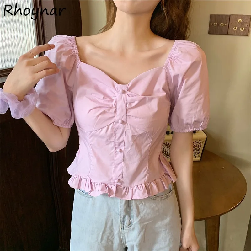 Solid Short Sleeve Shirts Women Summer Retro Fungus Side Cropped Puff Sleeve Casual Daily All-match Korean Style High Street