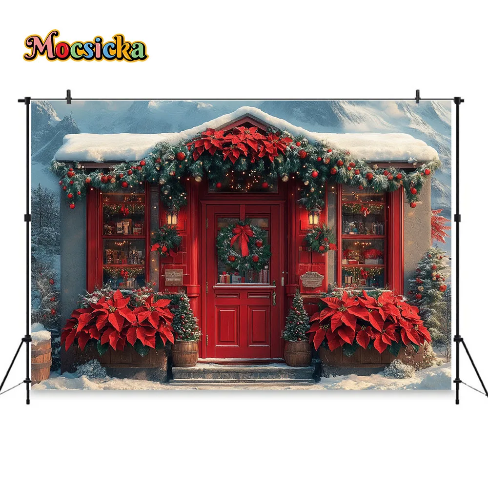 ฉากหลังร้านดอกไม้คริสต์มาสภาพพื้นหลังสีแดงดอกไม้บานเต็มไปด้วยหิมะภูเขาคริสมาสต์พวงหรีดวันเกิดเด็กผู้หญิงภาพฤดูหนาว