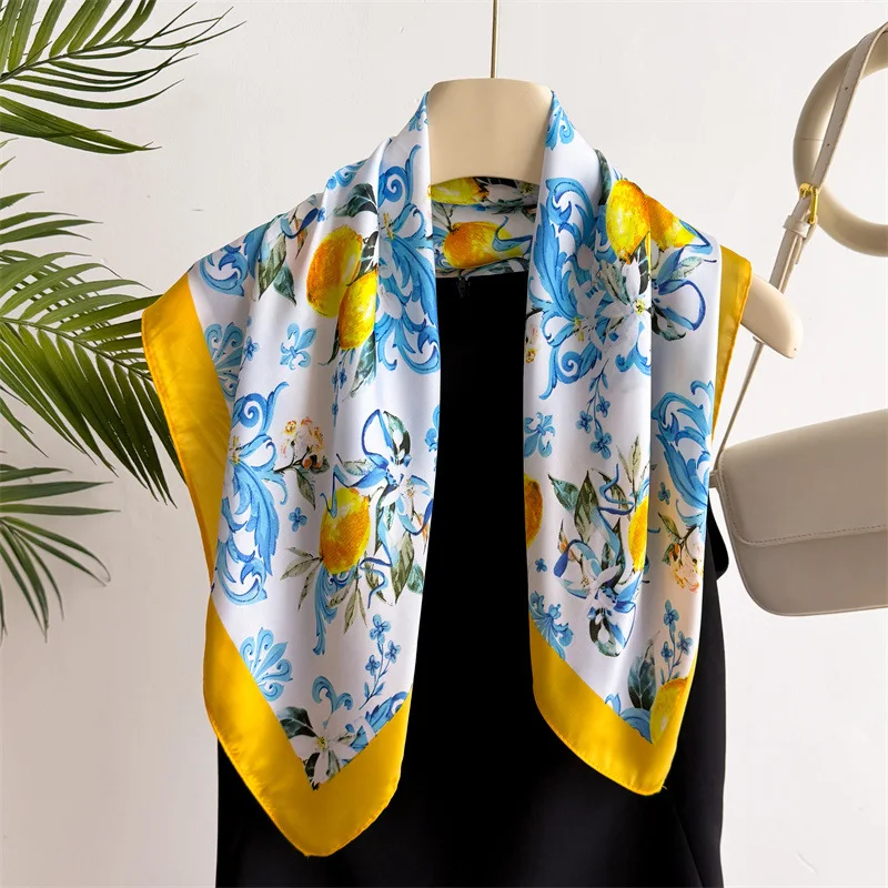 الليمون طباعة 70*70 سنتيمتر مربع وشاح المرأة Foulard ربطات العنق الحرير الشعور موضة منديل سيدة لينة الساتان تزيين الحجاب الإناث