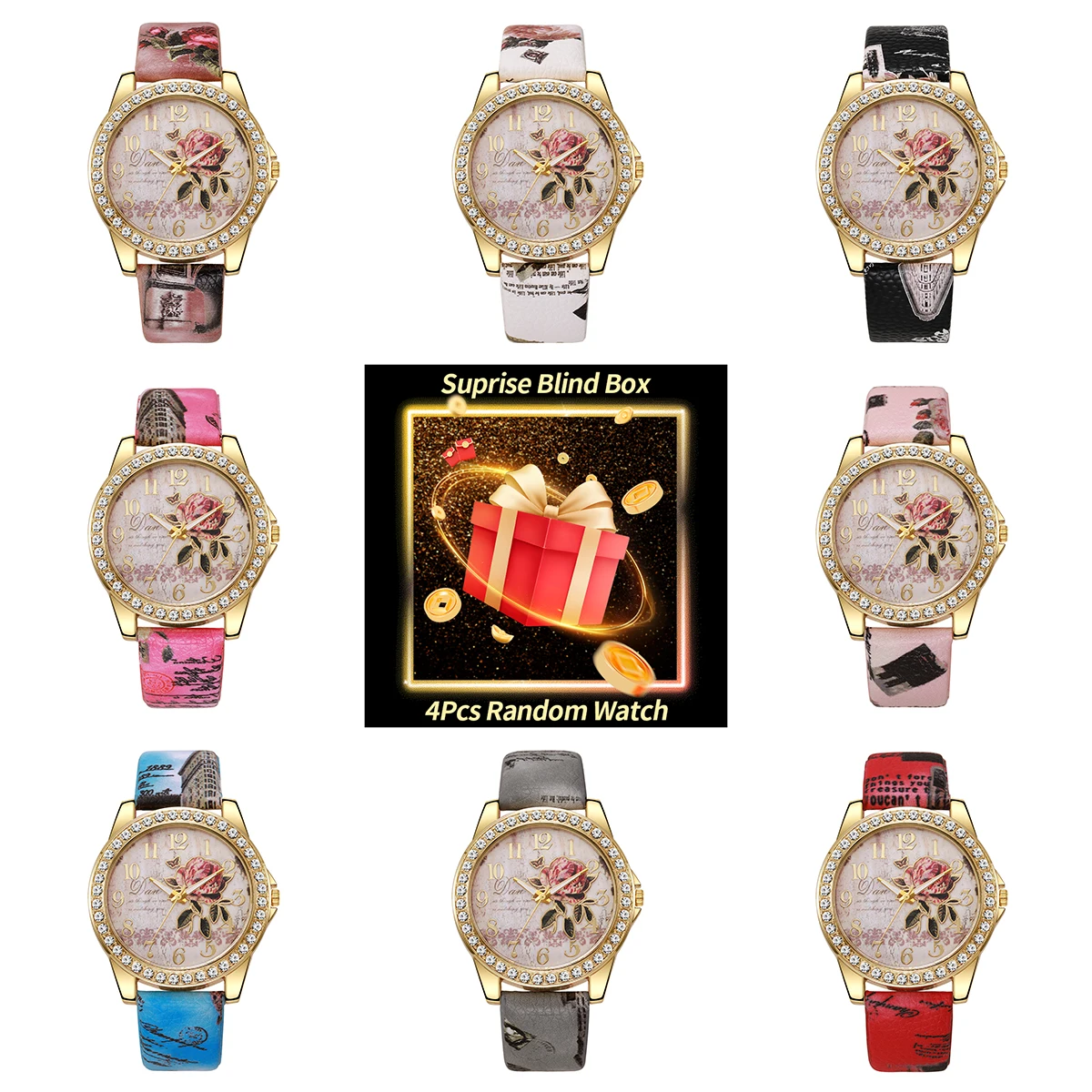 

4PCS Surprise Mystery Box-Fashion Women Watch Ladies Casual Flower Dial Quartz Watches Color Random（Without Box）