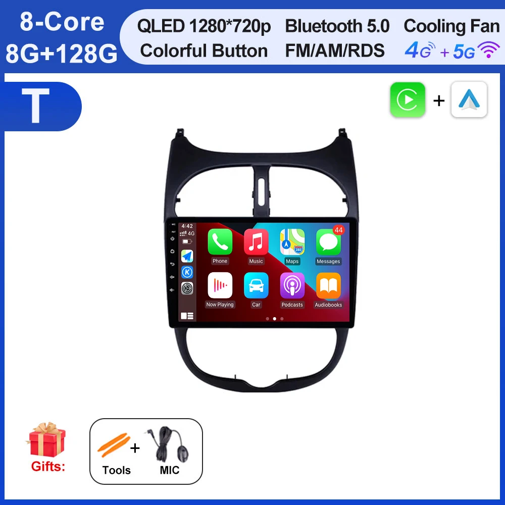 Autoradio Voor Peugeot 206 206SW 206CC 2000-2008 Android 16 Carplay Multimidia Video Player Draadloze Carplay Auto gereedschap Fan