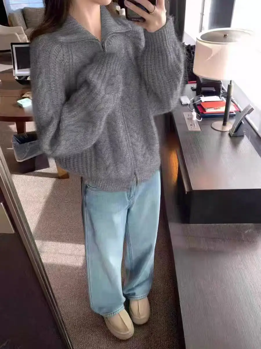 메리노 100% 울 여성용 가디건 양면 지퍼 가을 겨울 두꺼운 캐주얼 패션 니트 캐시미어 스웨터 재킷