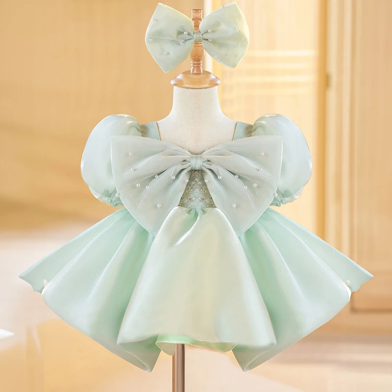 Vestido de noche verde claro de flores para niñas, vestidos de baile de lujo para fiesta de cumpleaños, vestidos cortos de desfile para niños, princesa para niños, nuevo, 2024