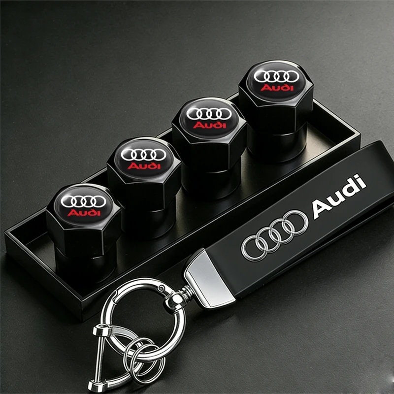 Tapas de Válvula de Neumático de Coche de Cuero con Llavero para Audi Sline A1 A3 A4 A5 A6 A7 A8 Q2 Q3 Q5 Q7 Q8 TTS B8 B6