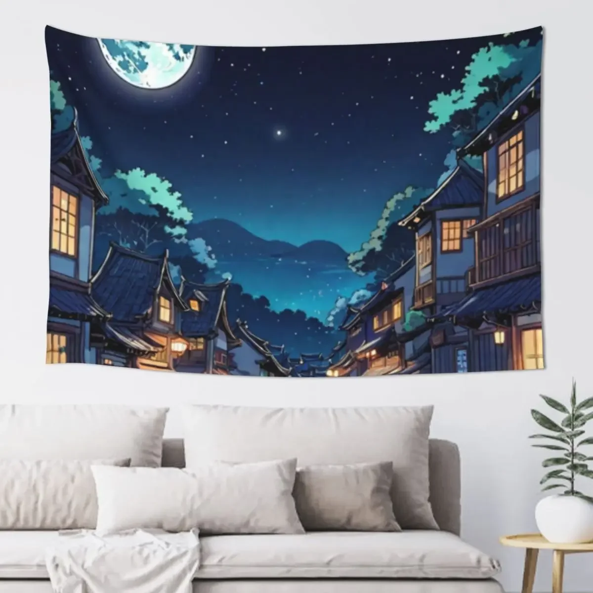 

A view of a small town at night with the full moon in cartoon form Tapestry Anime Decor Decoration For Home Tapestry