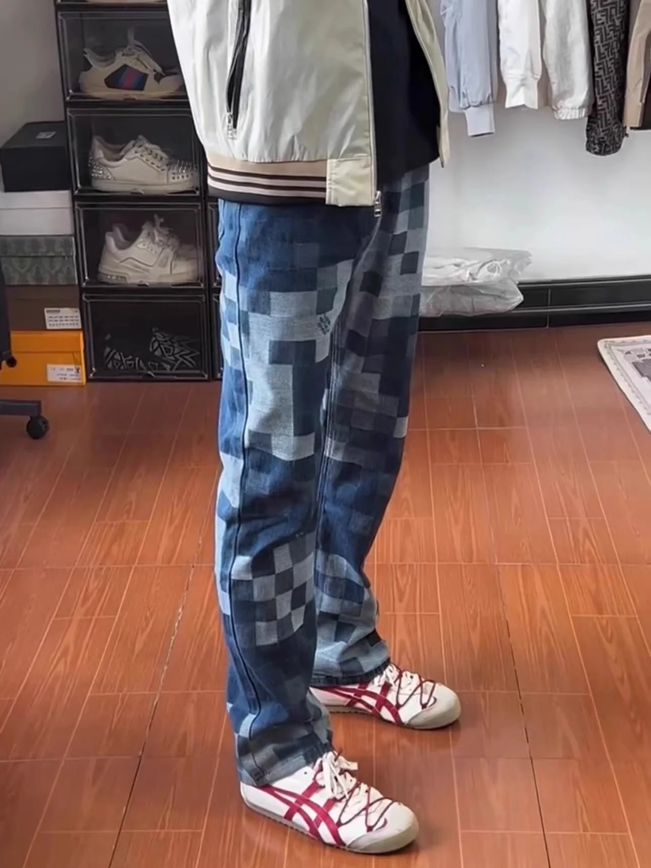 بنطلون جينز رجالي فضفاض مستقيم بنمط لوحة الشطرنج الأمريكي، موديل جديد للخريف بتصميم عتيق وفضفاض #2