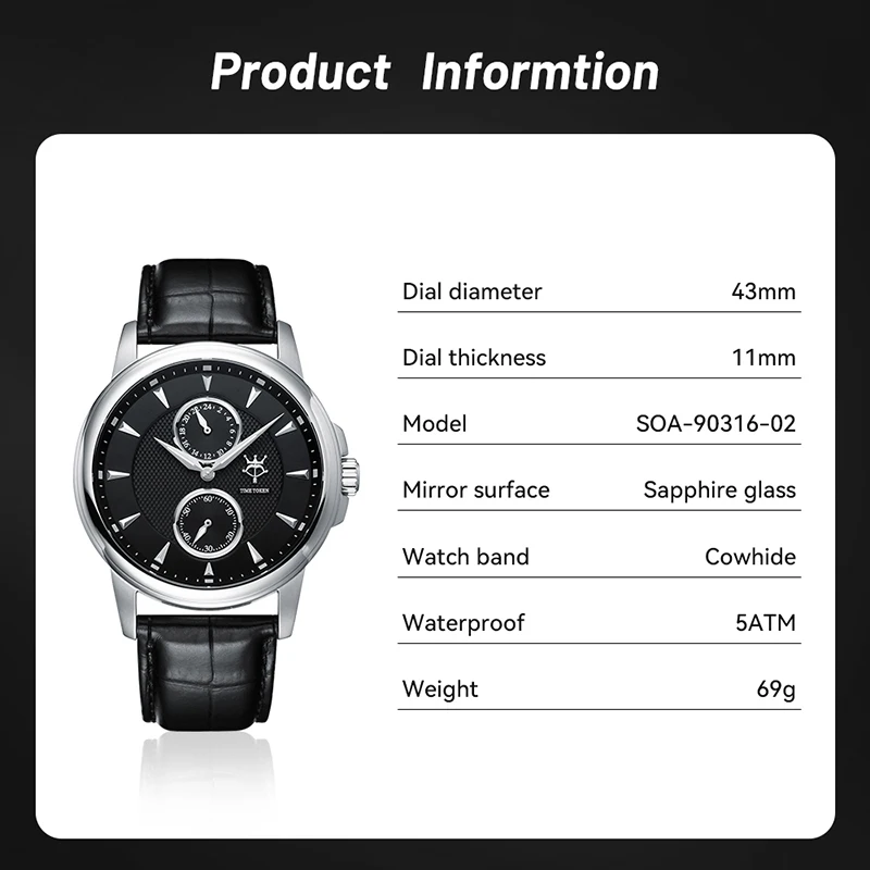 Time token relógio de luxo masculino clássico elegante movimento quartzo vidro safira caixa aço inoxidável elegância couro stra