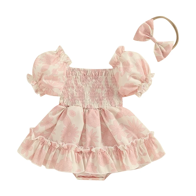 

Baby Girls Summer Romper Dress Short Puff Sleeve Off Shoulder Floral Romper with Headband