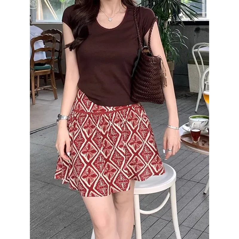

Korean All Match Classic Red Printed Half Length Skirt Women's Summer Thin Short Skirt High Waist Versatile A-line Skirt