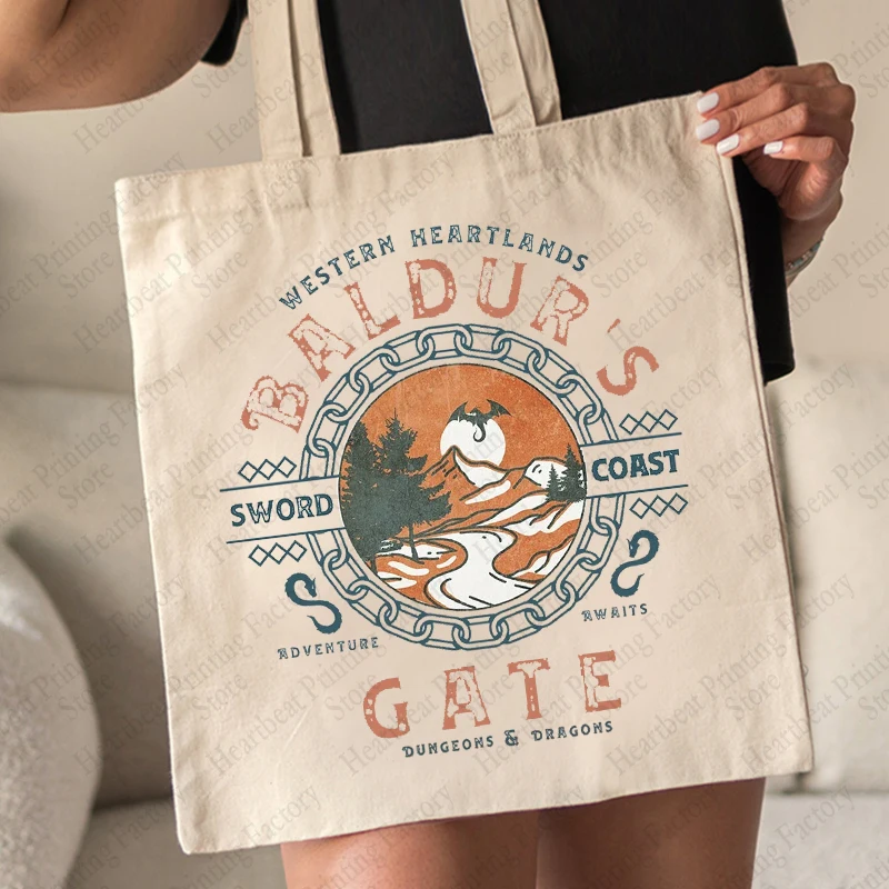Baldurs Gate 3 Adventure Awaits Pattern Tote Bag Canvas Shoulder Bags Commute Reusable Shopping Bag Best Gift for Game Lover