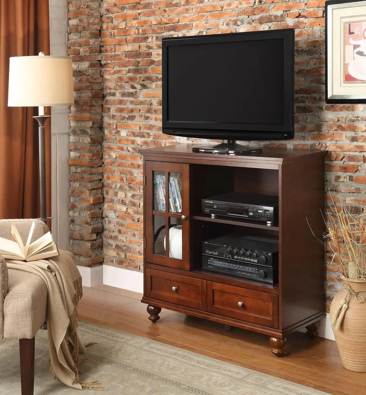 Tahoe Highboy TV Stand Espresso Cabinet with Tempered Glass 2 Drawers for Concealed Storage Includes Wood Legs