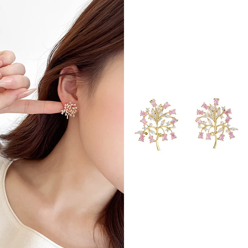 Легкий роскошный стиль, медные инкрустированные цирконом, денежное дерево, индивидуальный креативный дизайн, элегантные серьги-гвоздики