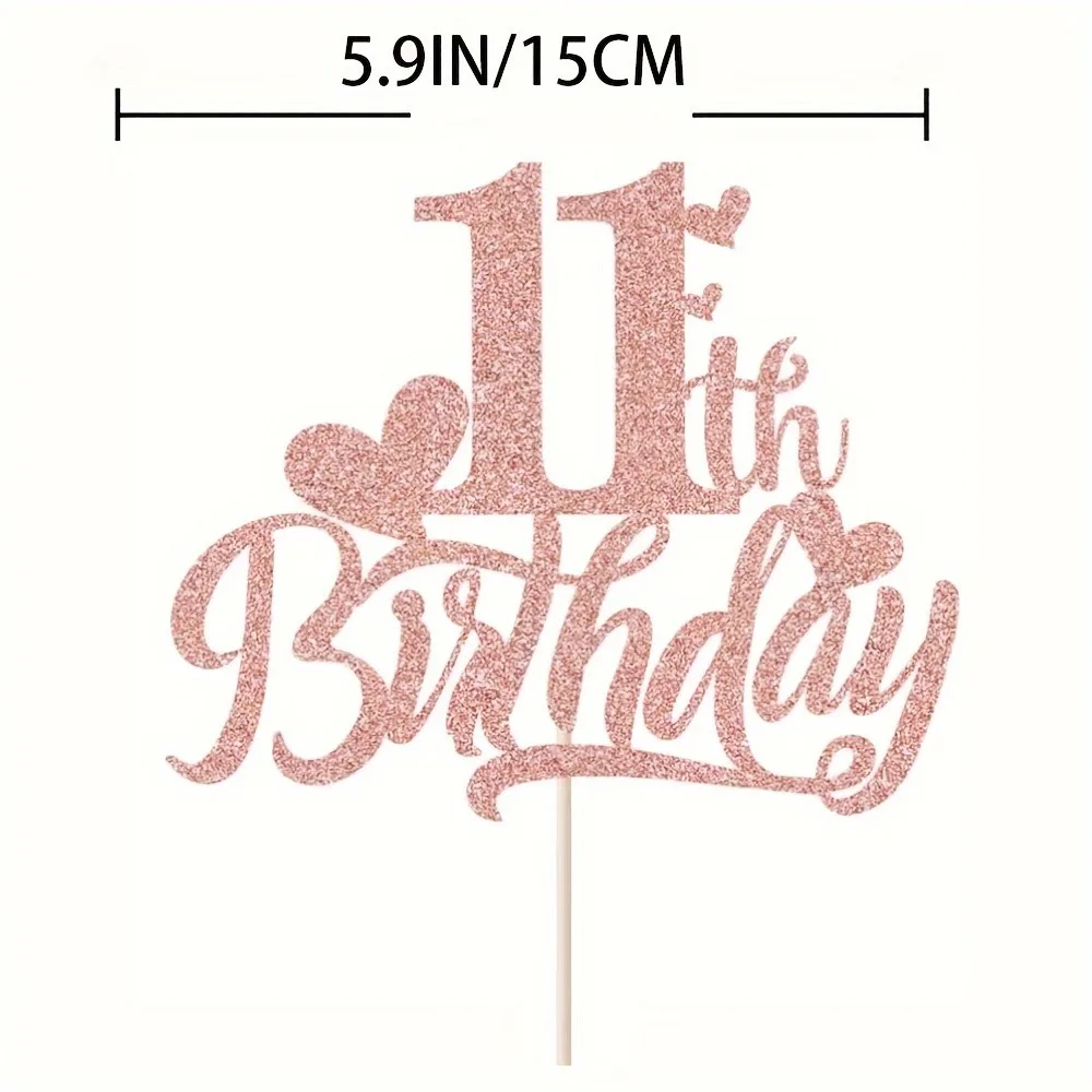 Roségoldener Tortenaufsatz zum 11. Geburtstag – glitzernde Roségold-Kuchendekoration zum 11. Geburtstag, eleganter Tortenaufsatz zum Kindergeburtstag – Detail 2