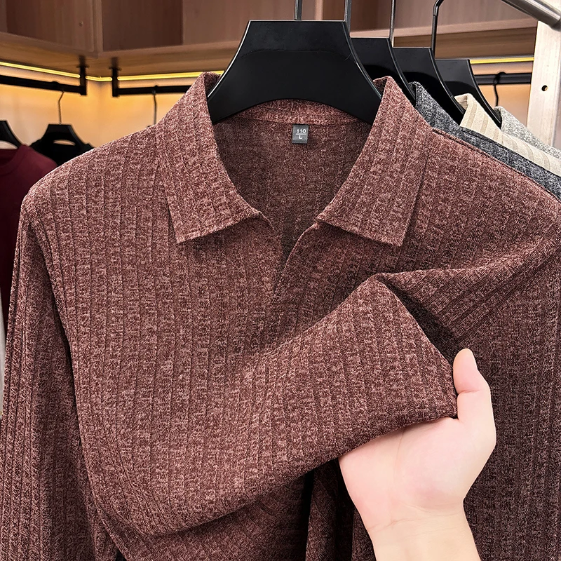 Herren-Pullover mit Polokragen und V-Ausschnitt, Strickpullover mit vertikaler Rippstruktur, langärmelig, weich, dehnbar, schmal geschnitten, Winter, Freizeit, Business, Herrenoberteile – Detail 7