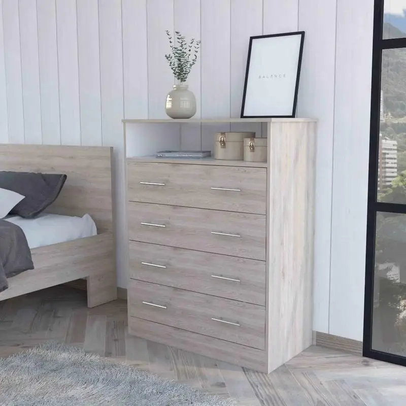 Commode à 4 tiroirs gris clair et blanc avec étagère et dessus supérieur