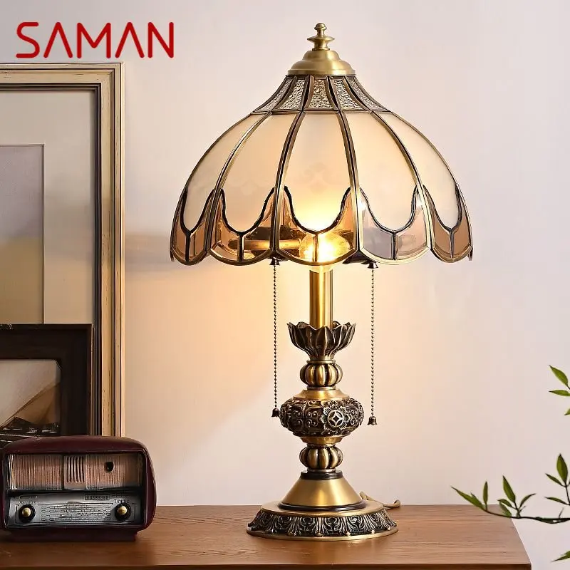 SAMAN European Brass Table Lamp LED Modern Creative Luxury Copper Bedside Desk Light for Home Living Room Bedroom Decor