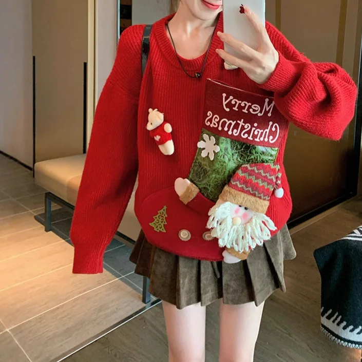 

3D Santa Claus Sweater Women's Red Christmas Pullover Oversized Winter 2025 Novelty